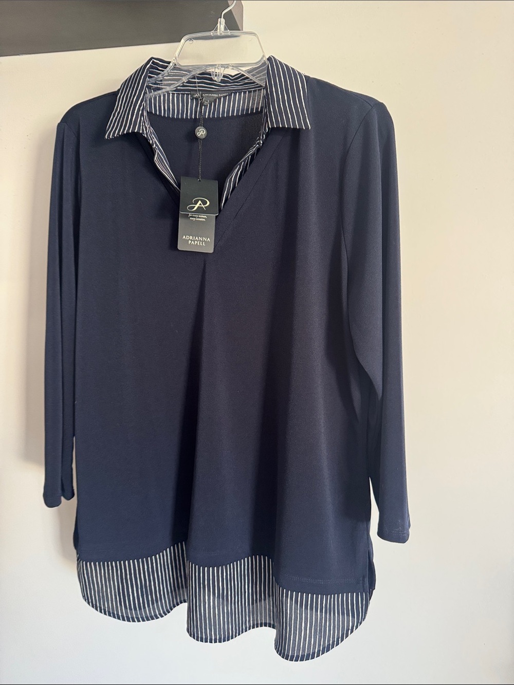 Adrianna Papell navy blue striped mock sweater set.